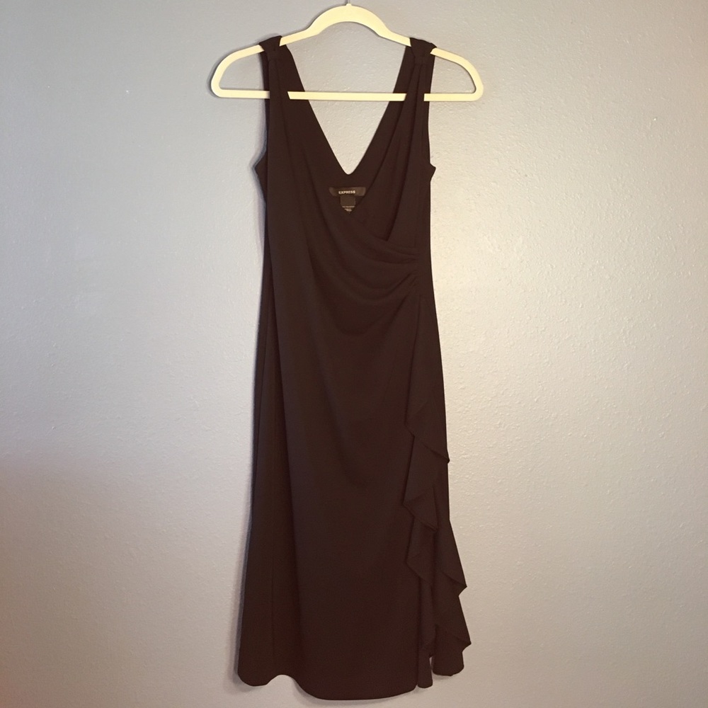 Express Black Ruched, Ruffle & Side Slit LBD